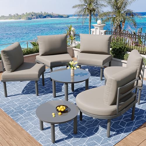 DRIXNO Gartenmöbel-Set (5-Sitzer), 2 Couchtische aus gehärtetem Glas, Bequeme Gartenmöbel mit grauen Sitzpolstern und Kissen, mit verstellbaren Beinen von DRIXNO