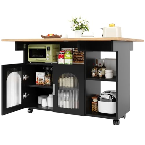 DRIXNO Kücheninsel, Modernes Küchensiland, Küchenschrank, Abnehmbare Servierwagen Buffetschrank, Speisewagen mit Holzmaserung, Buffetschrank, Multifunktionale Esstisch mit Speicherraum, Schwarz von DRIXNO