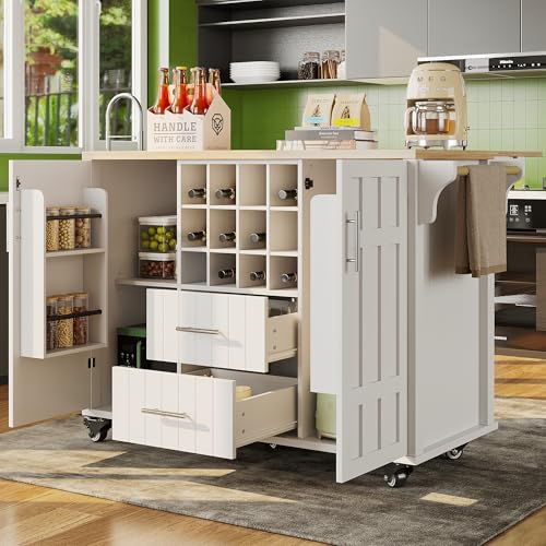 DRIXNO Kücheninsel mit Hrausnehmbaren Trennwänden, Esszimmerwagen mit Arbeitsplatte, Buffetschrank, Seitlicher Handtuchhalter, mit Weinregal, mit Rollen, Weiß von DRIXNO