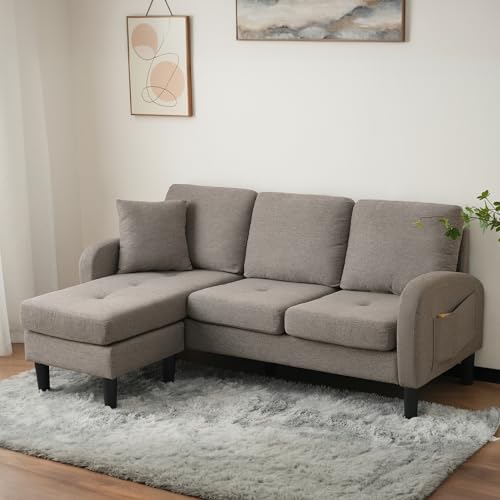 DRIXNO L-förmiges Ecksofa mit Chaiselongue – 3-Sitzer Sofa, 166 x 118 x 77 cm, Atmungsaktiver Baumwoll-Leinenstoff, Kunststoffbeine, Modulares Design.Antique Dark Grey von DRIXNO