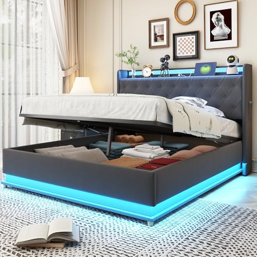 DRIXNO LED Polsterbett 140 * 200 cm mit USB-Ladeanschluss und Hydraulischer Lagerung, Hautfreundlicher Leinenstoff Grau von DRIXNO