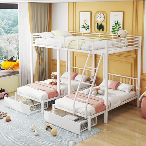 DRIXNO Metallbettrahmen, Dreifaches Etagenbett mit Schubladen, Umwandelbar in 140 x 200 Doppelbett und Zwei 90 x 200 Einzelbetten, Multifunktionales Metallrahmenbett, Weiß von DRIXNO