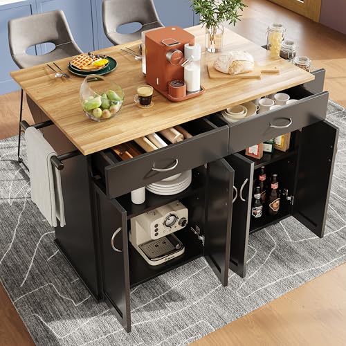 DRIXNO Moderne Kücheninsel (106×50×90.5cm), Speisewagen mit Holzmaserung, Multifunktionale Esstisch mit Speicherraum, Schwarz von DRIXNO