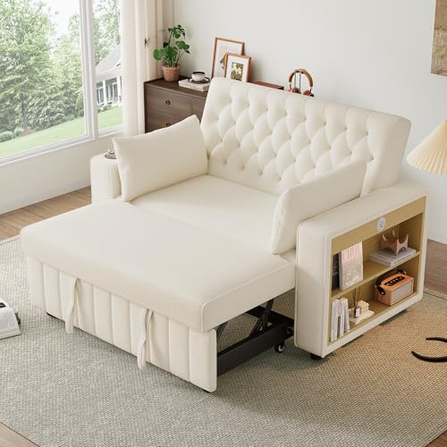 DRIXNO Multifunktionales Schlafsofa,Klappsofa mit Stauraum und Schlaffunktion, Getränkehalter, USB-Ladeanschluss und Kissen, Beige von DRIXNO
