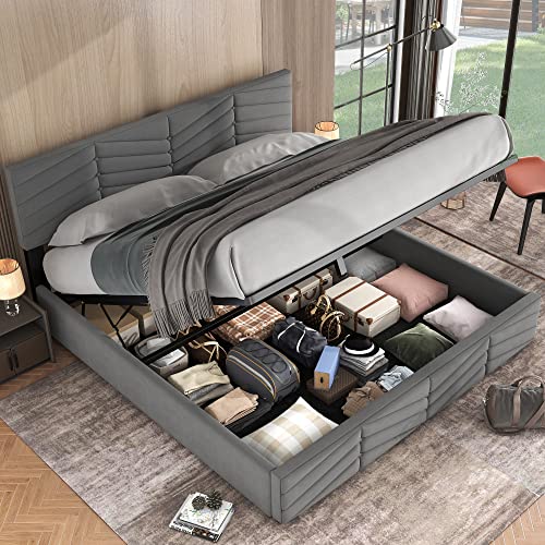 DRIXNO Polsterbett,Doppelbett,Hydraulisches Funktionsbett,Samt,Streifen-Stil,Continentalbett,Höhenverstellbares Kopfteil,180 x 200,Grau von DRIXNO