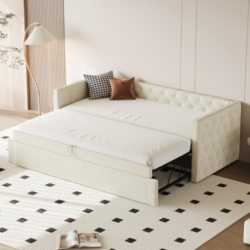 DRIXNO Polsterbett Ausziehbares Schlafsofa 90/180 * 200 cm mit Lattenrosten, Multifunktionsbett aus hautfreundlichem Samtstoff Beige，Klassische Vollform mit Knöpfen von DRIXNO