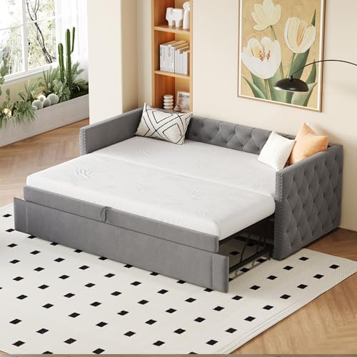 DRIXNO Polsterbett Ausziehbares Schlafsofa 90/180 * 200 cm mit Lattenrosten, Multifunktionsbett aus hautfreundlichem Samtstoff Dunkelgrau，Klassische Vollform mit Knöpfen von DRIXNO
