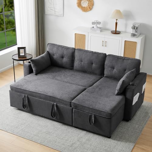 DRIXNO Schlafsofa mit Schlaffunktion, L-förmiges Sofa Grau, Polstermöbel, Sofa-Chaiselongue mit Stauraum, mit Taschenbecherhalter, Wohnzimmer-Schlafsofa, Links und Rechts Austauschbare Chaiselongue von DRIXNO