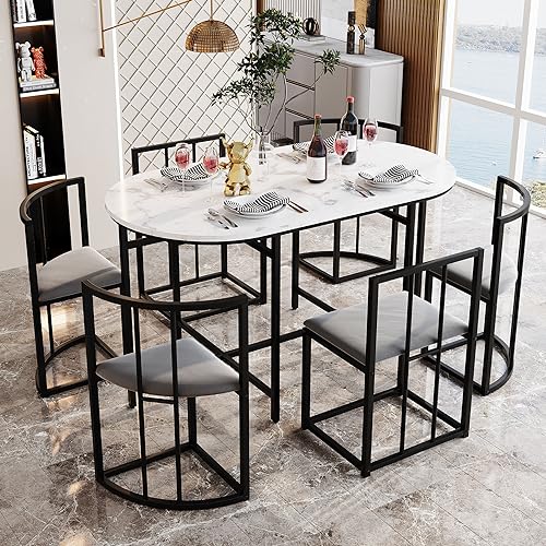 DRIXNO Sechs-Stuhl Esstischset:(Weißer Tisch, Stühle mit Rückenlehnen und grauen Polstern, Schwarzfarbenes Eisengestell),Schwarz+Gray+Weiß von DRIXNO