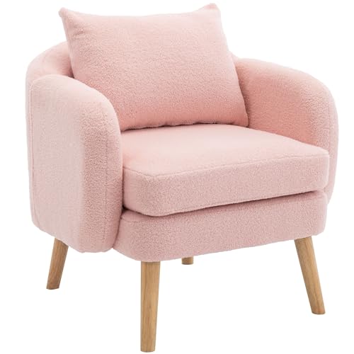 DRIXNO Teddy-Samt-Sessel Mit Kissen, Extra Dicker Kissen-Sessel, Einzelner Sofa-Sessel, Gepolsterter Sessel, Freizeit-Stuhl, Massivholz-Beinstuhl Rosa von DRIXNO