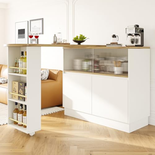 DRIXNO Um 360° Drehbare Essbar, Weiß Multifunktionales, Drehbares Sideboard mit Ablageflächen und Changhong-Glas, Geeignet für Küchen Restaurant von DRIXNO