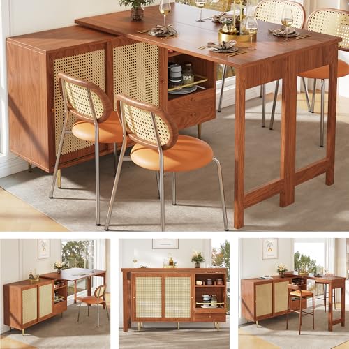 DRIXNO Um 360° Drehbarer Stehtisch (Hauptkörper: 107 x 40 x 71,4 cm), Braun Ausziehbarer Design-Stehtisch, Aufbewahrungsschrank mit Rattantür + offenes Lagerregal von DRIXNO
