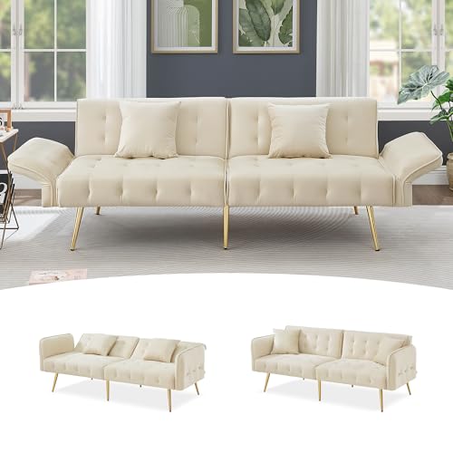 DRIXNO Zweisitzer-Multifunktions-Sofabett mit Bettfunktion, Verstellbarer Rückenlehne + Mehrstelligen Armlehnen.Faltsofabett für Wohnzimmer - Veloursbezug.Beige von DRIXNO