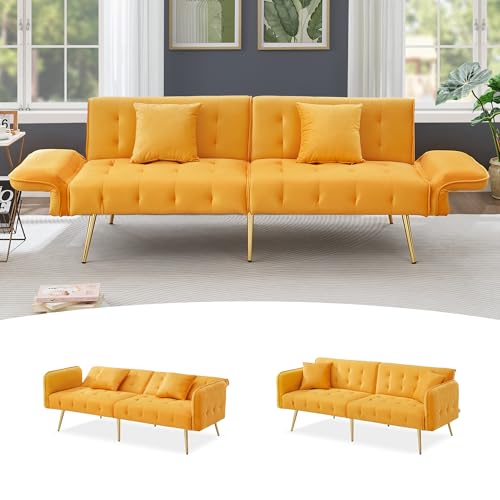 DRIXNO Zweisitzer-Multifunktions-Sofabett mit Bettfunktion, Verstellbarer Rückenlehne + Mehrstelligen Armlehnen.Faltsofabett für Wohnzimmer - Veloursbezug.Gelb von DRIXNO