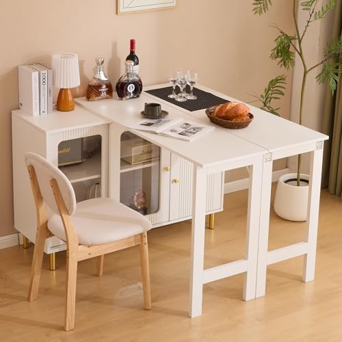 DRIXNOI Kreatives Buffet Sideboard mit klappbarem Ausziehtisch, Goldene Metallbeine, Glasschiebetüren, Verstellbare Einlegeböden und multifunktionales Design, Esszimmerschrank mit Wellenmuster Weiß von DRIXNO