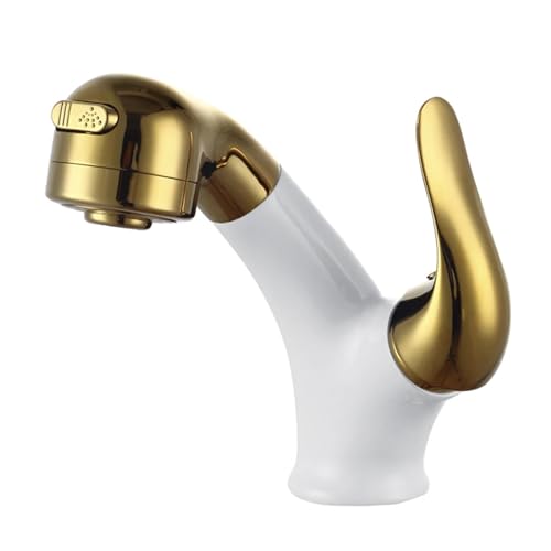 Ausziehbarer Wasserhahn aus Messing mit einem Griff, stilvoller Waschbecken-Mischbatterie for das Badezimmer (Color : White Gold A) von DRJBBODVQ