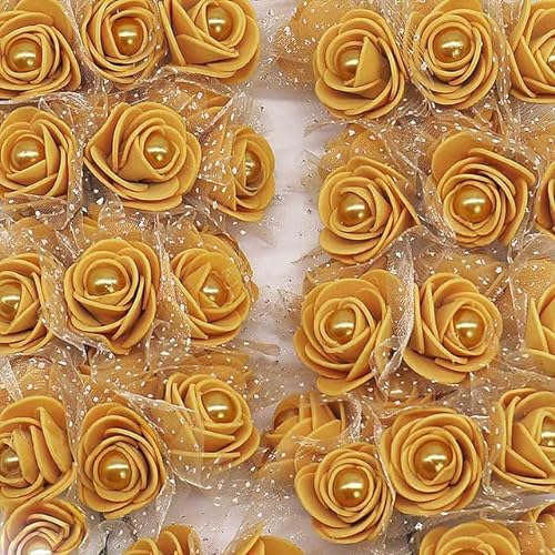 24/72 STK. 3 cm Schaumrose mit Imitationsperle Kunstblumen für Hochzeitsdekoration DIY Brautkranz Home Fake Flower-F01 Gold, 72 STK von DRJUSS