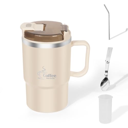DRNKNSTX 538.6 g (ca.550ml) Edelstahl-Kaffeetasse mit Strohhalm mit Löffel mit Teeteiler, Outdoor-Reisebecher für kalte und heiße Getränke, Geschenke für Männer und Frauen (Weiß) von DRNKNSTX