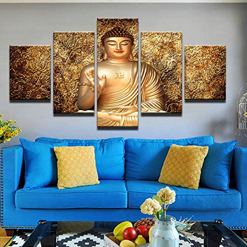 DRNXP Leinwand Wandkunst Poster HD Gedruckt Moderne Bilder Rahmen 5 Stücke Goldene Buddha Statue Malerei Für Wohnzimmer Wohnkultur @ with_Frame_40X60_40X80_40X100cm von DRNXP