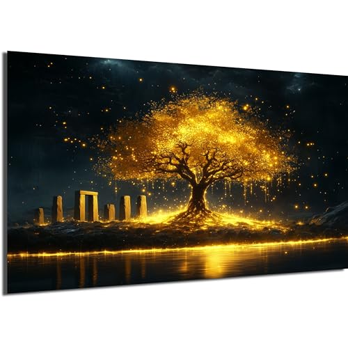 DRO Design - Baum des Lebens Bilder 56x84 cm XXL Groß Wohnzimmer Deko Modern Wandbild Foto auf Leinwand Bild Schlafzimmer Room Decor Geschenke Kunstdruck Schwarz Gold von DRO Design