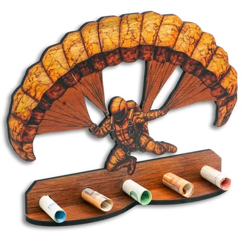 DRO Design Geldgeschenke, Geschenkverpackung Holz-Optik Fallschirm Motiv – Bargeldgeschenk, Geldpräsent, Kreatives Geldgeschenk, Geburtstag, Hochzeit, Weihnachten von DRO Design