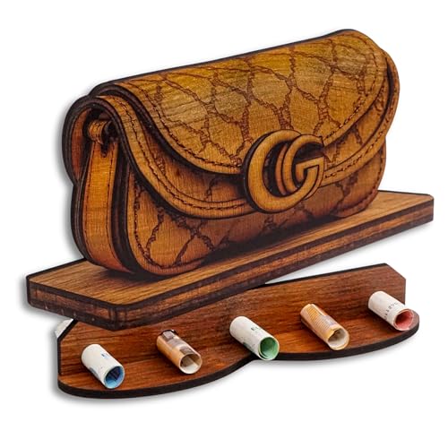 DRO Design Geldgeschenke, Geschenkverpackung Holz-Optik Handtasche Motiv – Bargeldgeschenk, Geldpräsent, Kreatives Geldgeschenk, Geburtstag, Hochzeit, Weihnachten von DRO Design