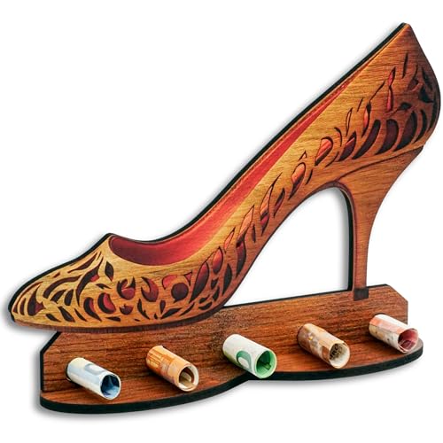 DRO Design Geldgeschenke, Geschenkverpackung Holz-Optik High Heels Motiv – Bargeldgeschenk, Geldpräsent, Kreatives Geldgeschenk, Geburtstag, Hochzeit, Weihnachten von DRO Design
