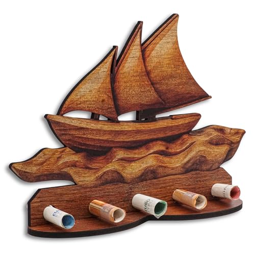 DRO Design Geldgeschenke, Geschenkverpackung Holz-Optik Segelboot Motiv – Bargeldgeschenk, Geldpräsent, Kreatives Geldgeschenk, Geburtstag, Hochzeit, Weihnachten von DRO Design