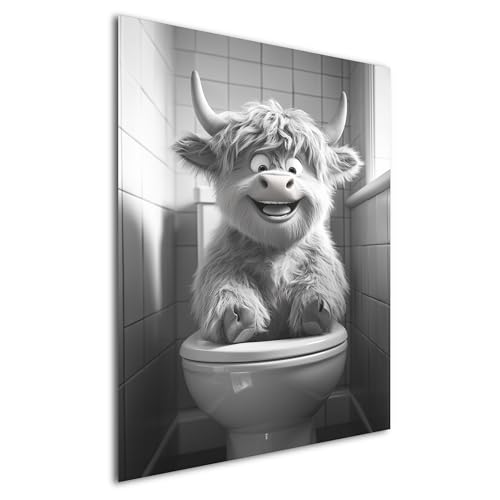DRO Design Hochlandrind – 40x60 cm – Lustiges Schwarz-Weiß Wandbild für WC & Badezimmer – Humorvolle Baby-Tier Kunst für Gäste-WC - Moderne Wandkunst mit Humor, Wanddeko für Toilette von DRO Design