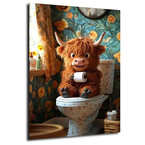 DRO Design Hochlandrind Wandbild 50x70 cm – Lustige Baby-Tier Wandkunst für WC, Gäste-WC & Bad - Witzige Deko, humorvolles Motiv, Geschenk für Tierliebhaber und Badezimmergestaltung. von DRO Design
