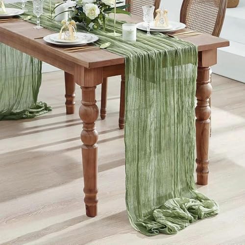 DROMCOM 10 Stück 90 x 300cm Salbeigrün Seihtuch Tischläufer lang Boho Rustikaler Gaze Tischläufer, Romantischer Halbtransparenter Grün Stoff Tischdecke Tischläufer Boho für Hochzeit Dekoration von DROMCOM