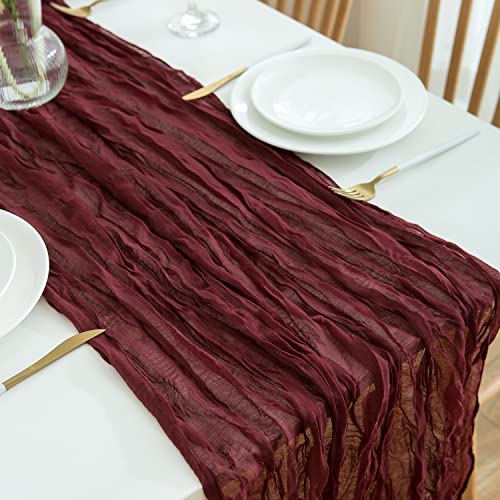 DROMCOM 2 Stück 90 x 300cm Bordeauxrot Seihtuch-Tischläufer lang Rustikaler Gaze-Tischläufer, Romantischer Halbtransparenter Stoff Tischdecke Tischläufer Boho für Hochzeit Dekoration, Geburtstagsparty von DROMCOM