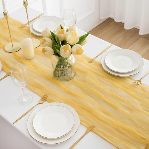 DROMCOM 4 Stück Gelb Organza Tischläufer, 80 x 300 cm Boho Tüll Seihtuch Tischläufer Rustikaler Gaze Stoff Cheesecloth Tischläufer Hochzeit Tischdecke für Hochzeitsfeier Brautparty Tischdeko von DROMCOM