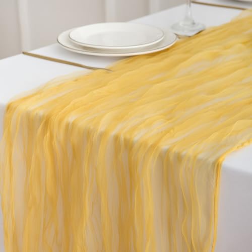 DROMCOM Gelb Käsetuch Tischläufer, 80 x 300 cm Boho Tüll Organza Seihtuch Tischläufer Rustikaler Gaze Stoff Cheesecloth Tischläufer Hochzeit Tischdecke für Hochzeitsfeier Brautparty Tischdeko von DROMCOM
