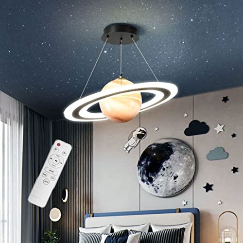 DROMEZ Dimmbar Planet Hängelampe, LED 40W Kinderzimmer Kronleuchter mit Fernbedienung und Glaskugel, Höhenverstellbar Modern Schlafzimmerlampe Hängend für Mädchen Jungen, 45cm, Saturn Fernbedienung von DROMEZ
