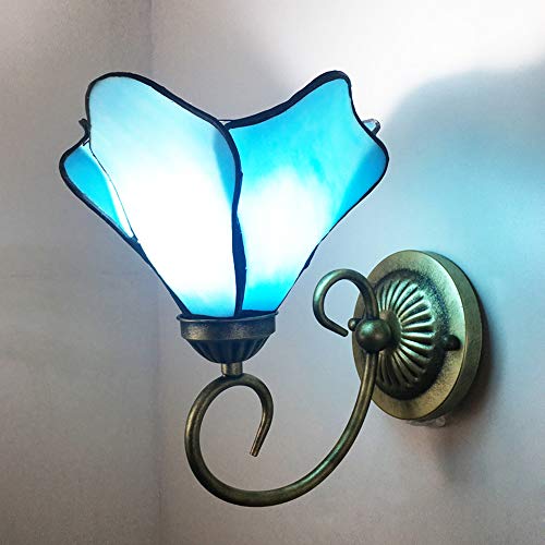 DROMEZ Tiffany Wandleuchte Innen, Schlafzimmer Wandlampe mit Glas Blütenform Lampeschirm, Vintage Wandbeleuchtung für Wohnzimmer Flur, E27 Blau von DROMEZ