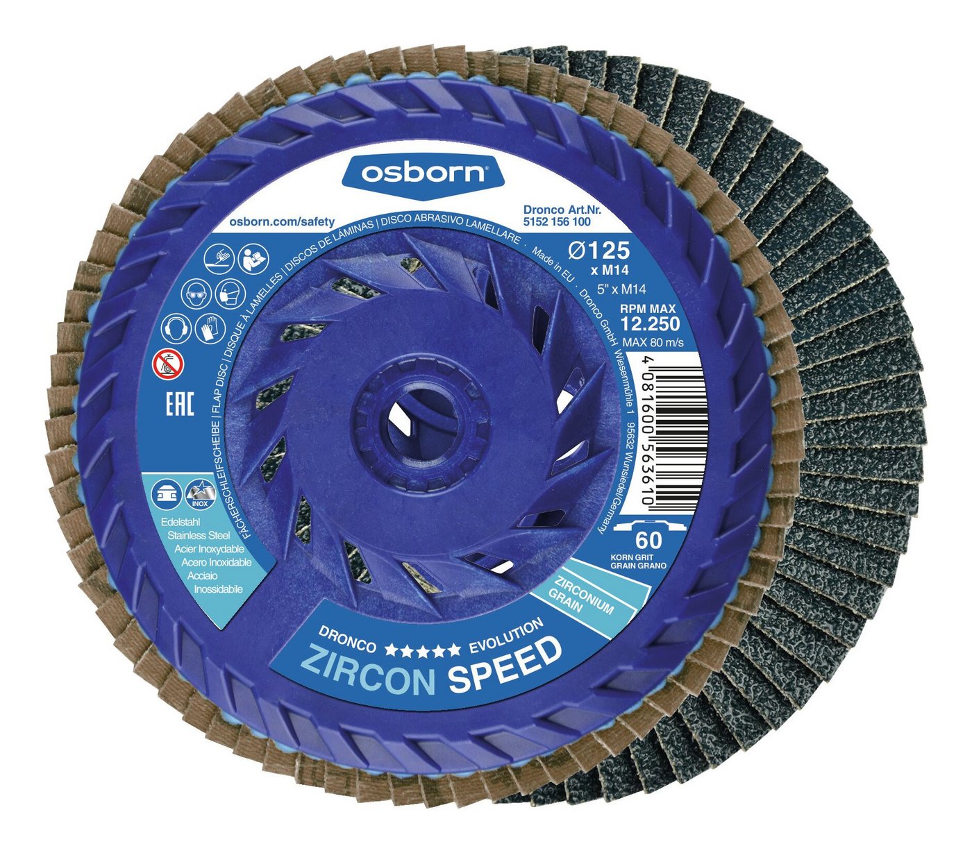 DRONCO Schleifscheibe, Fächerschleifscheibe ZIRCON SPEED 115 mm K60 M14 gerade von DRONCO