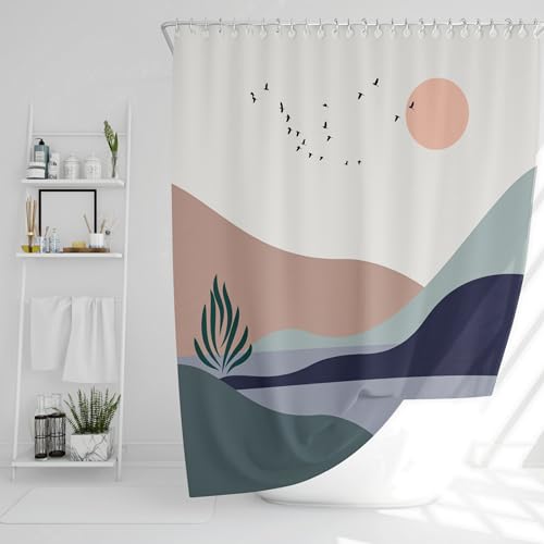 DROPHOP Boho Motiv Duschvorhang aus Textil 180x200 cm inkl. Edelstahl-Ringe, in bunten Pastell-Farben stabile Ösen, Wasserdicht, gewichteter Saum, Anti-schimmel, Waschbar von DROPHOP