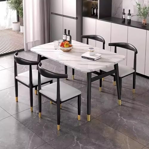 DRQXCN Esstisch-Set mit 4 PU-Lederstühlen, Küchentisch und Stühle mit Eisenrahmen, 120 x 60 cm/47,2 x 23,6 Zoll Esstisch-Set aus Kunstmarmor(White) von DRQXCN
