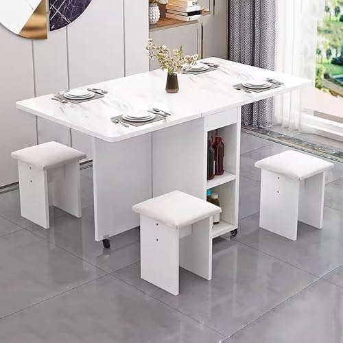 DRQXCN Esstisch mit 4 Stühlen, klappbarer Esstisch for kleine Räume, Tischplatte 120 x 60 cm, ausziehbarer Küchentisch, Esszimmertisch mit Universalrollen(White) von DRQXCN