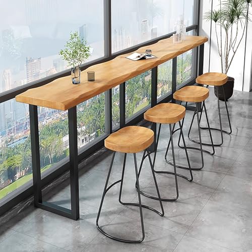 DRQXCN Schmaler Esstisch aus massivem Kiefernholz mit 4 hohen Hockern, Cafétisch, mit natürlicher Kante, Langer Pub-Tisch for Küche, Esszimmer, Pub, Café(120 * 40cm/47.2 * 15.7in) von DRQXCN