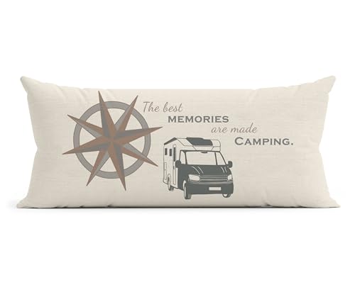 Camping Kissen Wohnmobil mit Spruch – rechteckiges Sofakissen 30x59 cm mit Kompassrose & „The Best Memories Are Made Camping“ – waschbarer Bezug, optional mit Füllung von DRUC KLAUS