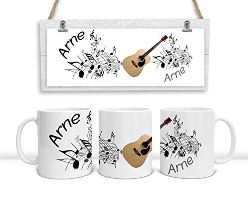 Personalisierte Musiker Tasse Gitarre. Kaffeetasse mit Noten, Gitarre und Namen. (Schwarz-Weiß) von DRUC KLAUS