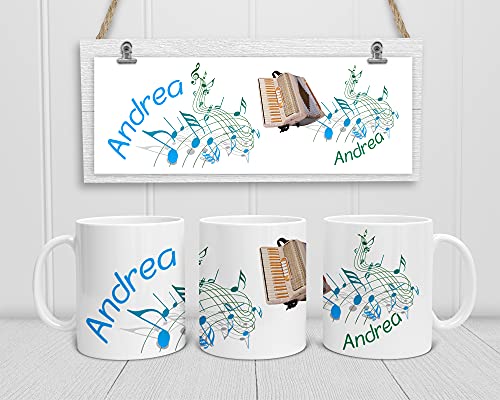 Personalisierte Musiker-Tasse. Kaffeetasse mit Noten, Akkordeon und mit Namen personalisiert (Blau-Grün) von DRUC KLAUS