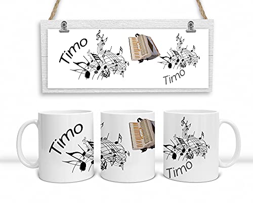 Personalisierte Musiker-Tasse. Kaffeetasse mit Noten, Akkordeon und mit Namen personalisiert (Schwarz-Weiß) von DRUC KLAUS