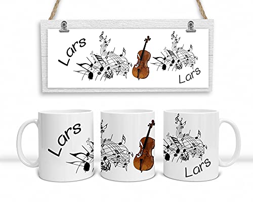 Personalisierte Musiker-Tasse. Kaffeetasse mit Noten, Cello und mit Namen personalisiert. (Schwarz-Weiß) von DRUC KLAUS