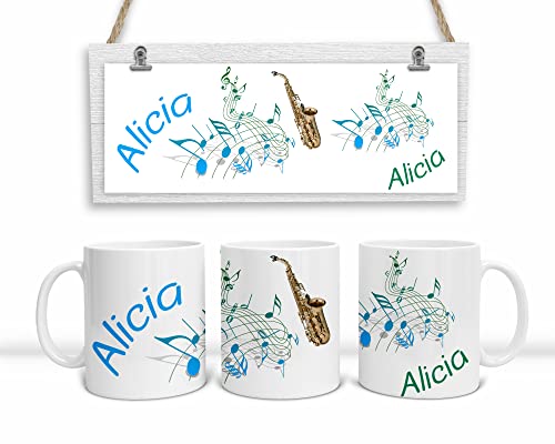 Personalisierte Musiker-Tasse. Kaffeetasse mit Noten, Saxophon und mit Namen. (Blau-Grün) von DRUC KLAUS
