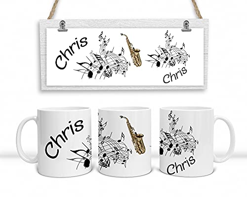 Personalisierte Musiker-Tasse. Kaffeetasse mit Noten, Saxophon und mit Namen. (Schwarz-Weiß) von DRUC KLAUS