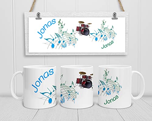 Personalisierte Musiker-Tasse. Kaffeetasse mit Noten, Schlagzeug und mit Namen. (Blau-Grün) von DRUC KLAUS