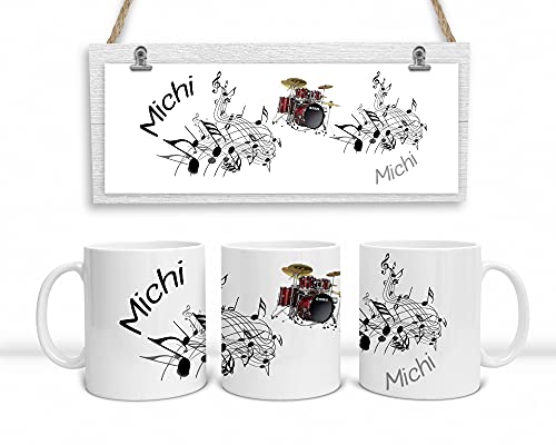 Personalisierte Musiker-Tasse. Kaffeetasse mit Noten, Schlagzeug und mit Namen. (Schwarz-Weiß) von DRUC KLAUS